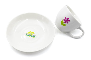 Šálka a tanierik s potlačou - výpal;Šálek a talířek s potiskem - výpal