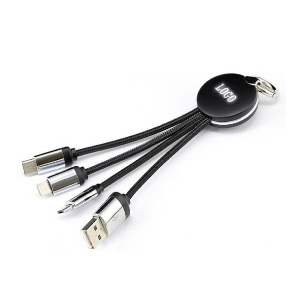 3 in 1 NETZKABEL MIT LED-LOGO, USB AUF MICRO-USB, LIGHTNING, USB TYPE-C