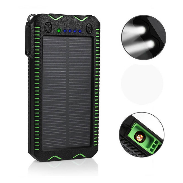 WASSERFESTE SOLAR POWER BANK MIT LICHT UND FEUERZEUG, 12000 mAh