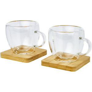 Manti 2-teiliger 100 ml doppelwandiger Glasbecher mit Bambusuntersetzer - Reklamnepredmety