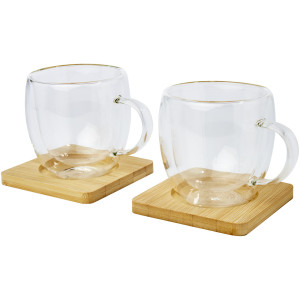 Manti 2-teiliger 250 ml doppelwandiger Glasbecher mit Bambusuntersetzer - Reklamnepredmety