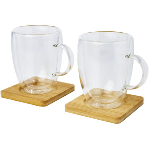 Manti 2-teiliger 350 ml doppelwandiger Glasbecher mit Bambusuntersetzer - Reklamnepredmety
