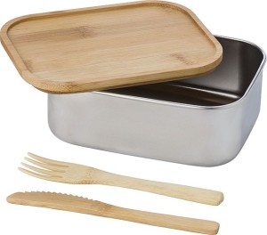 Nerezový lunchbox 600ml s bambusovým víkem a příborem - Reklamnepredmety