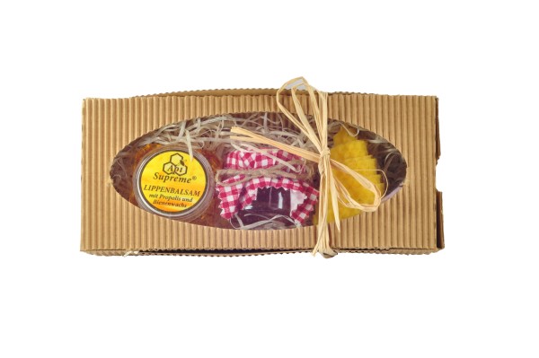 Geschenkbox mit Mini-Honig, Lippenbalsam und Kerze