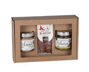 Geschenkset aus Wildschweinpastete mit Hagebutten, Schweinswurst und Oliventapenade - Reklamnepredmety