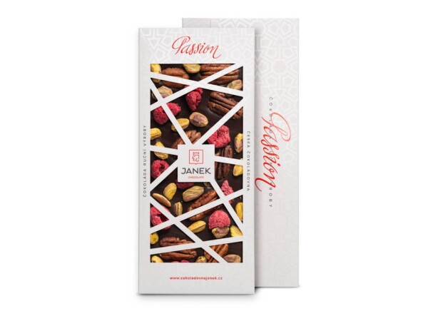 72% dunkle Schokolade Passion mit Himbeeren, Pistazien und Pekannüssen