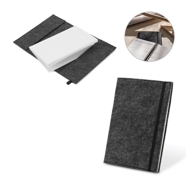 BALDWIN. A5 Notizblock mit Umschlag aus recyceltem Filz (100% rPET) und linierten Seiten aus 100 % Recyclingpapier