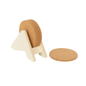 PLYCORK. Sperrholzständer mit 6 Korkuntersetzern - Reklamnepredmety