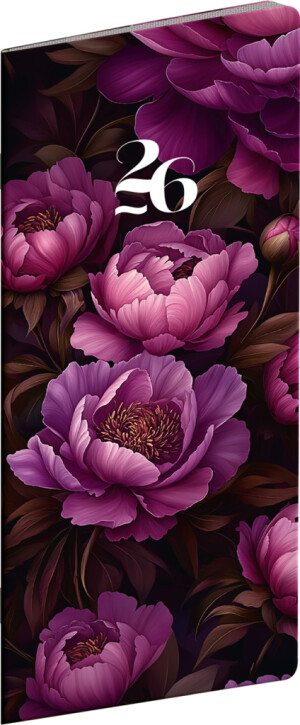 NOTIQUE Taschenkalender Lila Blumen 2026, Monatsplaner, 8 x 18 cm - Reklamnepredmety