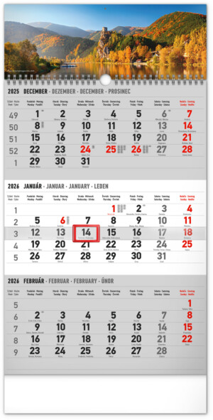 NOTIQUE Wandkalender 3 Monate Country grau – mit slowakischen Namen 2026, 29,5 x 43 cm - Reklamnepredmety