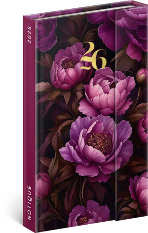 NOTIQUE Magnetischer Wochenkalender Lila Blumen 2026, 13 x 21 cm - Reklamnepredmety