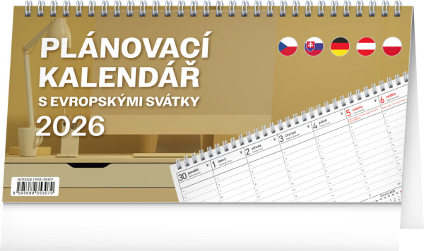NOTIQUE Tischkalender mit europäischen Feiertagen CZ 2026 25 x 12,5 cm