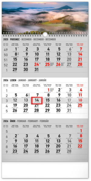 NOTIQUE Wandkalender 3 Monate Country grau - mit tschechischen Namen CZ 2026, 29,5 x 43 cm - Reklamnepredmety