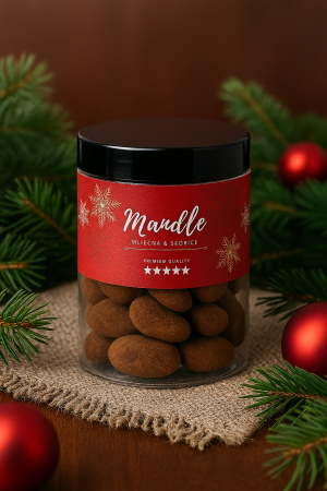 Ein Glas Mandeln in Milchschokolade und Zimt - Reklamnepredmety