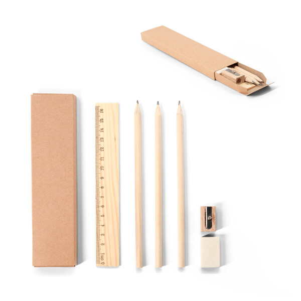 GEOFFREY. Schreibset bestehend aus Bleistift, Anspitzer, Radiergummi und Lineal