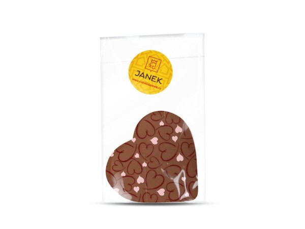 Herz aus Vollmilchschokolade mit Valentinstagsmotiv