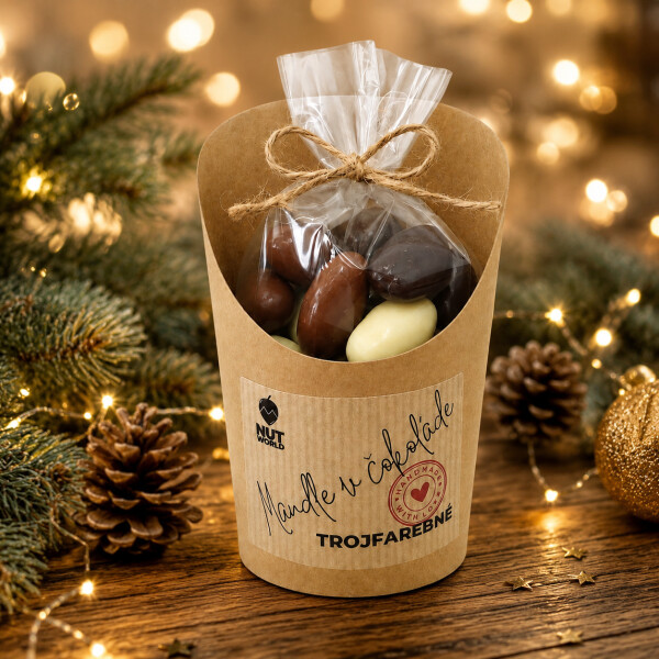 Dreifarbige Mandeln in Zellophan und Becher, 180 g