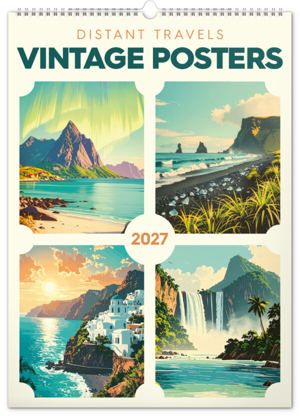 NOTIQUE Wandkalender Vintage-Poster – Ferne Länder 2027, 33 x 46 cm