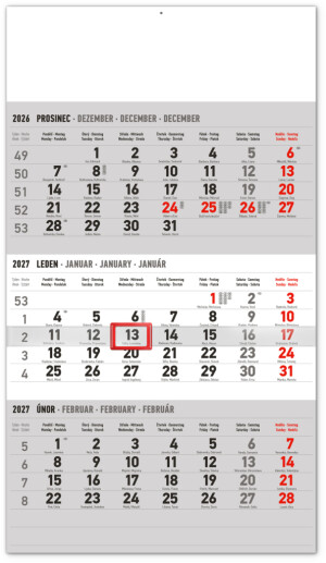 NOTIQUE Wandkalender, 3 Monate, Standardgrau – mit tschechischen Namen, CZ 2027, 29,5 x 43 cm - Reklamnepredmety