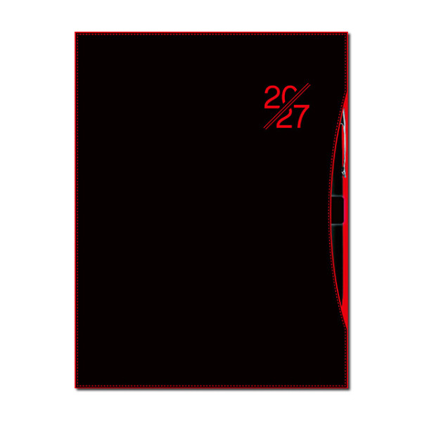 A daily diary featuring a clear calendar layout with a loop fastener, an included pen, a practical pocket and perforated pages. The diary has a hardback cover with a rubberised finish and the year embossed on it. It contains a Slovak calendar. A new featu