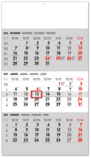 NOTIQUE Wandkalender, 3 Monate, Standardgrau – mit slowakischen Namen, 2027, 29,5 x 43 cm - Reklamnepredmety