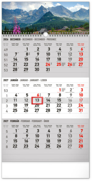 NOTIQUE Wandkalender 3 Monate, Landhausstil, grau - mit slowakischen Namen, 2027, 29,5 x 43 cm - Reklamnepredmety
