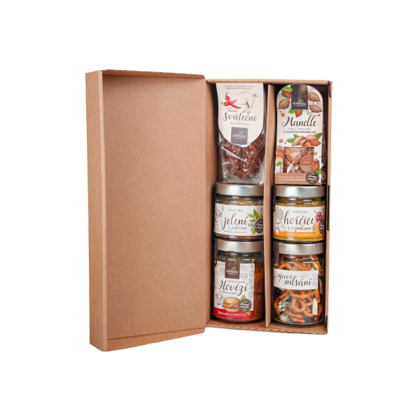 Geschenkset – Pulled Beef, Hirschpastete, Käsespezialitäten, Schokoladenmandeln, Festtagswurst und Senf