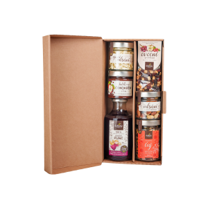 Geschenkset – Weihnachtspunsch, Apfel-Schokoladencreme, Fruchtstreusel, Weihnachtstee, Käse- und Nussleckerei - Reklamnepredmety