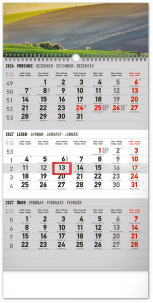 NOTIQUE Wandkalender 3 Monate, Landhausstil, grau - mit tschechischen Namen, CZ 2027, 29,5 x 43 cm - Reklamnepredmety