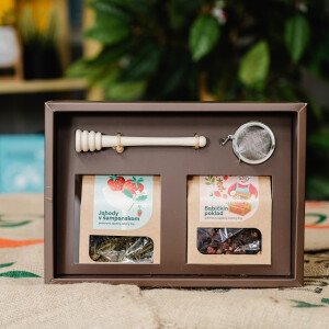 Luxuriöse Geschenkbox mit 2 Packungen losem Tee, Honiglöffel und Teesieb - Reklamnepredmety