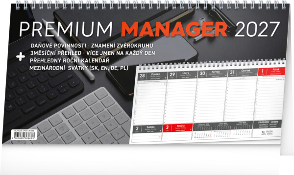 NOTIQUE Tischkalender Premium Manager CZ 2027, 32 x 16 cm