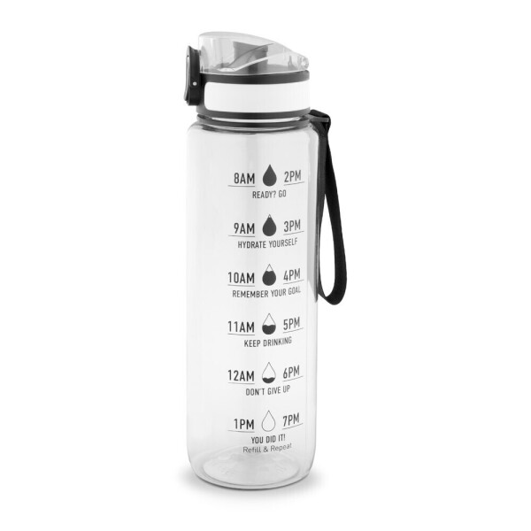 ERIKSSON. Flasche aus recyceltem PET (100 % rPET) mit motivierenden Sprüchen und Zeitmarkierungen, die zum Wassertrinken anregen