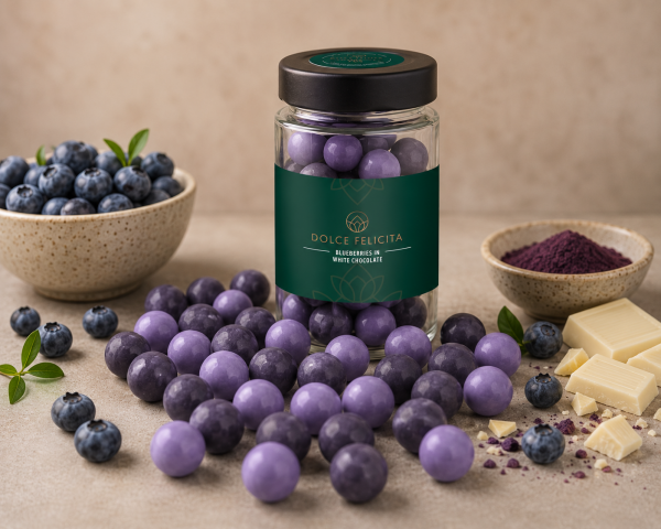 Blaubeeren in weißer Schokolade