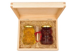 Geschenkset – Honigteddybär mit Honigtau in einer Holzbox - Reklamnepredmety
