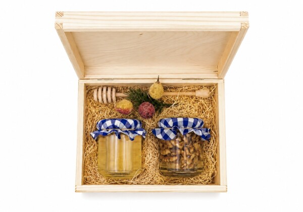 Geschenkset – Akazienhonig und Walnüsse in Honig mit einem Rock aus langem Geißblatt in einer Holzbox