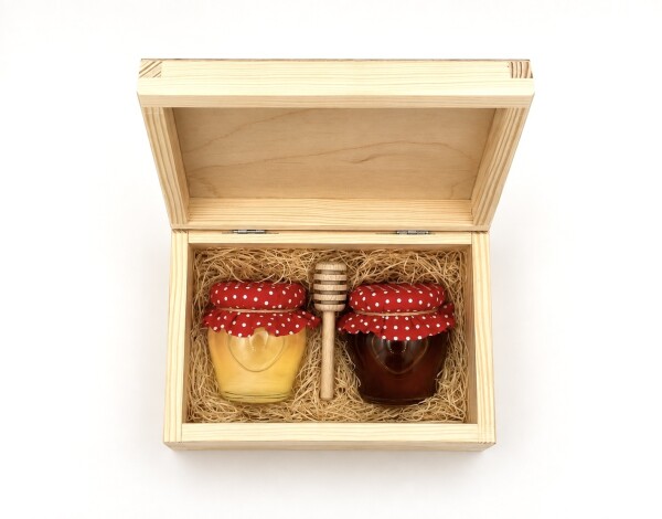 Geschenkset – Akazien- und Honigtauhonig mit Honigrock und Honigtopf in einer Holzbox