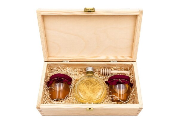 Geschenkset – 2 Honigtöpfe (mit Rock) und Wiesentöpfe (mit Honigtopf) in einer Holzbox
