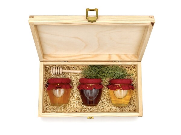 Geschenkset – TRIO HONEY mit einem Rock in einer Holzbox mit Verschluss und einem Honigglas