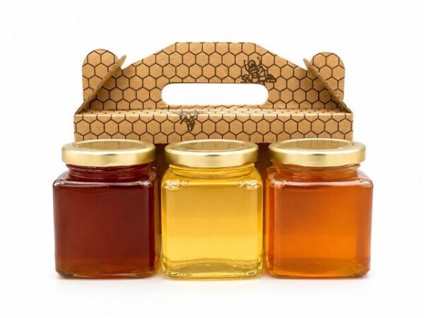 Geschenkset – HONEY TRIO in Kartonverpackung mit Waben- und Bienenmotiv