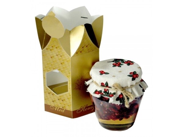 Getrocknete Cranberries in Honig in einem goldenen Karton