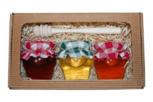 Sada 3 medov s medovkou v krabici z vlnitej lepenky - Reklamnepredmety