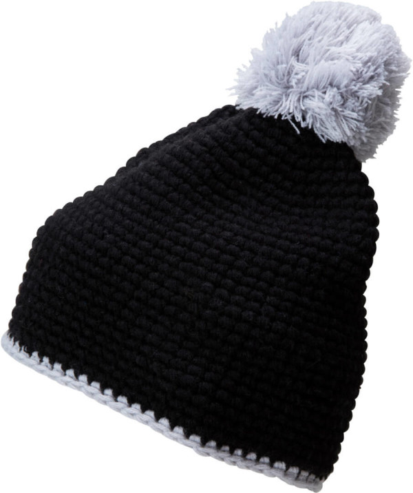 Häkelmütze mit Kontrastrand und Pompon